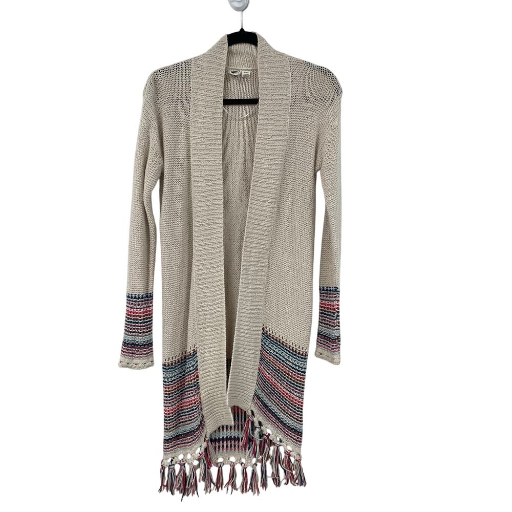 Roxy Open Front Fringe Trim Cream Knit Long Cardigan Sweater Womens Medium